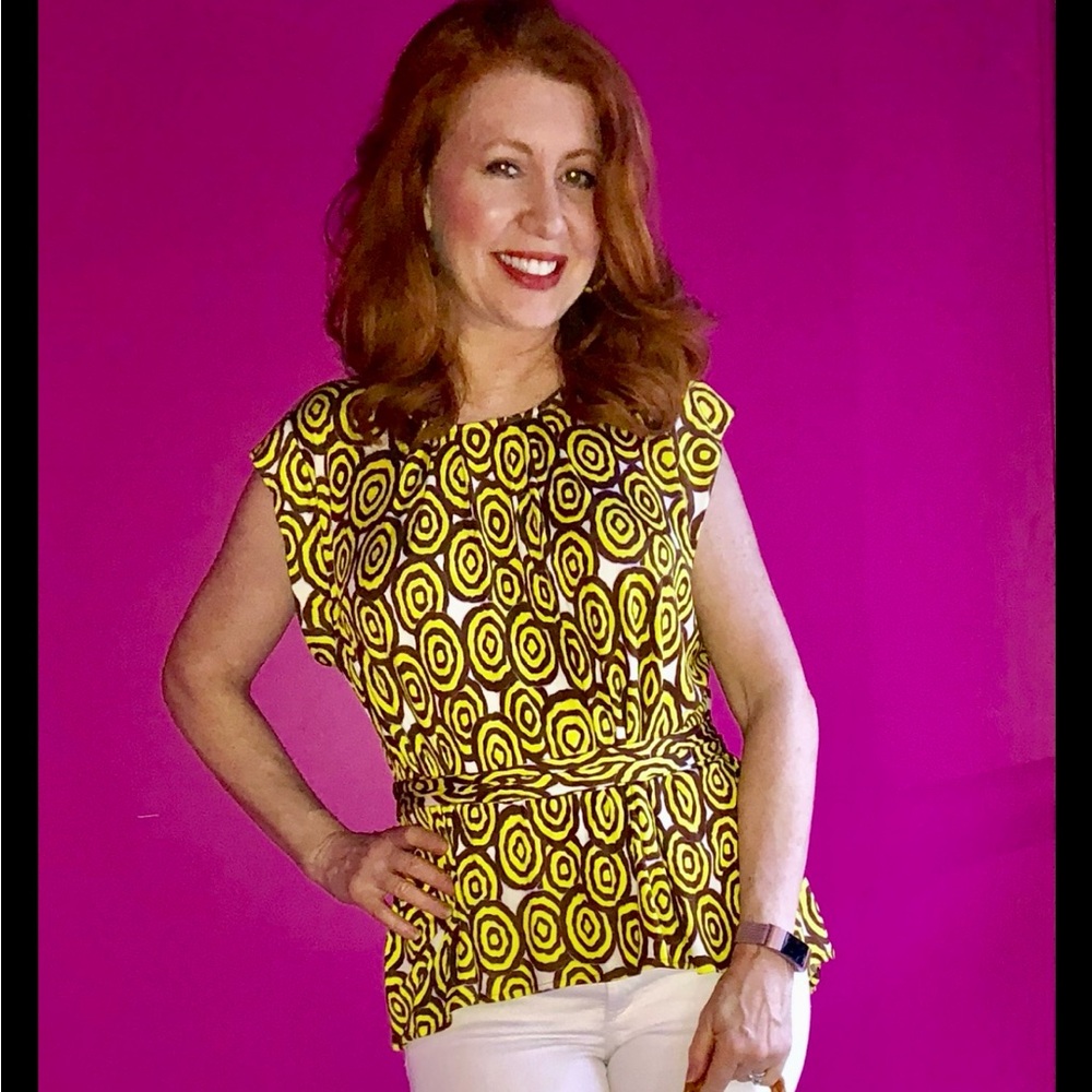ITALIAN Yellow, Brown, & White Patterned Top with wrap tie. LIKE NEW BARGAIN!